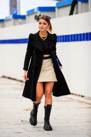 louis vuitton skirt, black coat, black leather boots, black leather belt, belted skirt, flat boots, laced boots, big sole boots, prada boots, golden earrings, golden necklace, dangling earrings, monogrammed skirt, PARIS, PFW, fashion week, frenchystyle, FW, jonathan paciullo, street style, SPRING SUMMER 2021, SS 21, vertical, full length