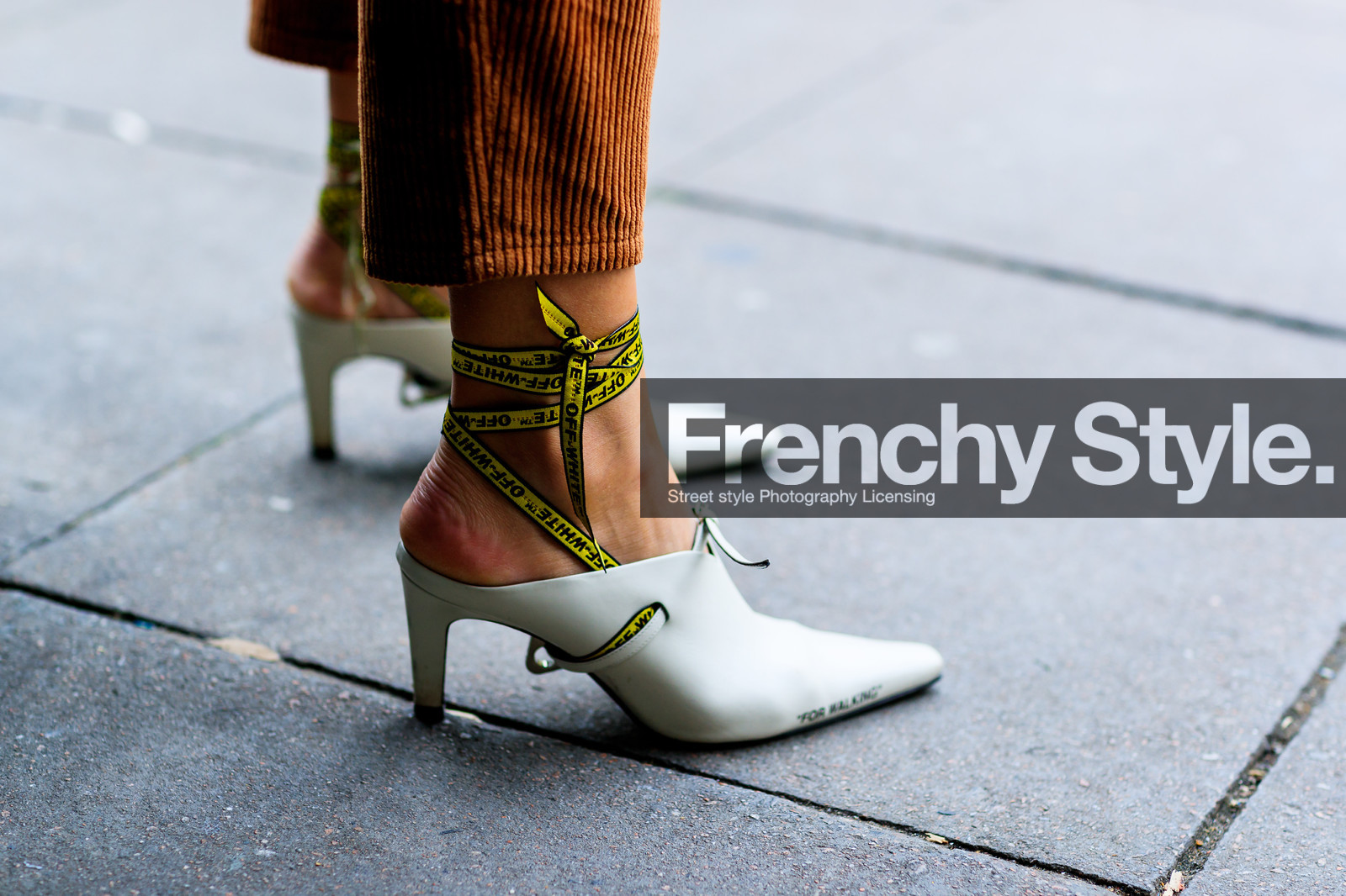 brown pants, corduroy, leather shoes, off white, white shoes, yellow, fashion week, frenchystyle, FW, jonathan paciullo, street style, LFW, LONDON, SPRING SUMMER 2019, SS 19, atmosphere details, horizontal, detail