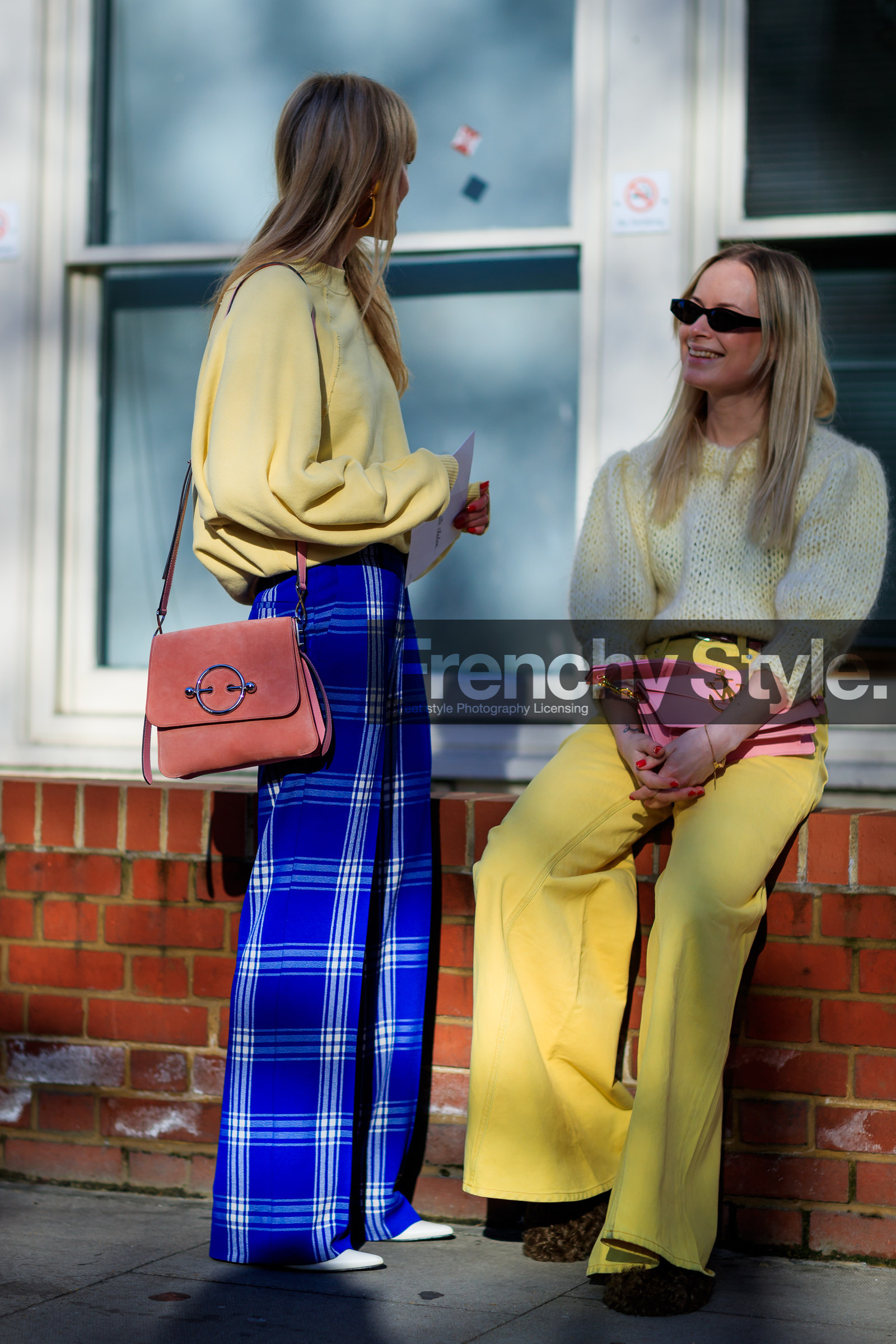 blue pants, checked, graphic pants, jw anderson, leather bag, pink bag, plaid, printed pants, sunglasses, trousers, yellow pants, yellow sweater, fashion week, frenchystyle, FW, jonathan paciullo, street style, LFW, LONDON, AUTUMN WINTER 2018-2019, AW 18-19, FALL WINTER 2018-2019, FW 18-19, vertical, full length, jeanette madsen, thora valdimars