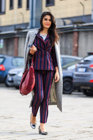 AUTUMN WINTER 2016-2017, AW 16-17, ballerinas, blazer, FALL WINTER 2016-2017, fashion week, frenchystyle, full length, FW, FW 16-17, geometric, graphic jacket, graphic pants, grey coat, jonathan paciullo, leather bag, leather shoes, LFW, LONDON, long hair, MENSWEAR, over the shoulder, red bag, red jacket, red pants, silver shoes, street style, striped jacket, striped pants, striped suit, stripes, vertical