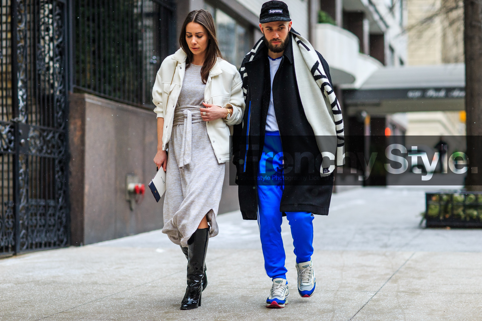adidas, atmosphere details, AUTUMN WINTER 2016-2017, AW 16-17, belted dress, black and white, black boots, black cap, black coat, blue pants, fashion week, frenchystyle, full length, FW, FW 16-17, group of people, high boots, high heels, horizontal, jonathan paciullo, leather sneakers, long dress, NEW YORK, nude dress, NYFW, overcoat, street style, streetwear, supreme, sweatpants, trousers, varnished leather shoes, white jacket, white scarf, white sneakers, woman, wool dress, wool jacket