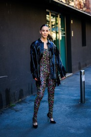 ruffle jacket, black jacket, flower jumpsuit, multicolor jumpsuit, black stilletos, fashion week, frenchystyle, FW, jonathan paciullo, street style, vertical, full length