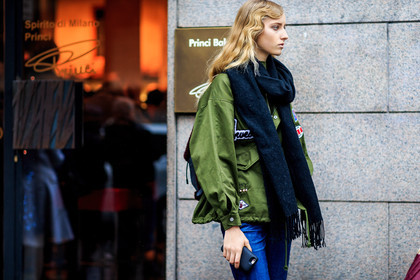 atmosphere details, AUTUMN WINTER 2016-2017, AW 16-17, black scarf, blue denim, denim pants, detail, embroidered jacket, FALL WINTER 2016-2017, fashion week, frenchystyle, FW, FW 16-17, green jacket, horizontal, jeans, jonathan paciullo, kaki jacket, LFW, LONDON, MENSWEAR, military jacket, model, street style, trousers