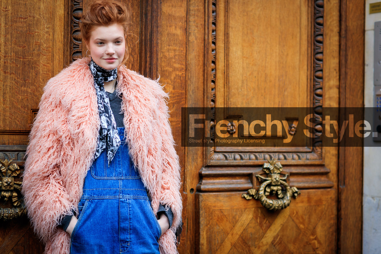 blue denim, denim overall, fur jacket, pink fur, pink jacket, printed scarf, red head, fashion week, frenchystyle, FW, jonathan paciullo, street style, PFW, PARIS, SPRING SUMMER 2017, SS 17, HAUTE COUTURE, atmosphere details, detail, horizontal, anastasia ivanova, model