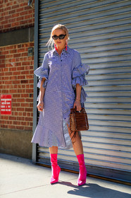 blue dress, earrings, fashion week, frenchystyle, full length, FW, graphic bag, graphic dress, high heels, jonathan paciullo, leather shoes, NEW YORK, NYFW, pink boots, printed dress, ruffles, shirt dress, SPRING SUMMER 2018, SS 18, street style, striped de, striped dress, sunglasses, vertical, wood bag