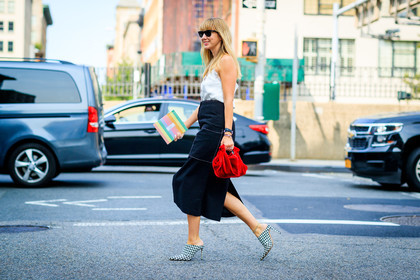 atmosphere details, black skirt, fashion week, frenchystyle, full length, FW, gingham, graphic shoes, high heels, horizontal, jonathan paciullo, leather bag, leather shoes, lisa aiken, necklace, NEW YORK, NYFW, printed shoes, red bag, SPRING SUMMER 2018, SS 18, street style, sunglasses, velvet, white tank top