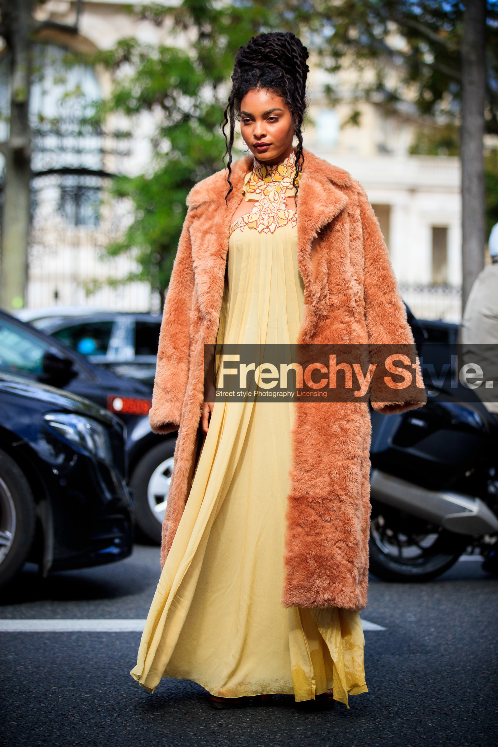 sharon alexie, fur coat, camel coat, light yellow dress, drape dress, silk dress, floral embroidered dress, floral embroidered collar, long dress, pleated dress, orange dress, fashion week, frenchystyle, FW, jonathan paciullo, street style, PFW, PARIS, SPRING SUMMER 2021, SS 21, vertical, full length