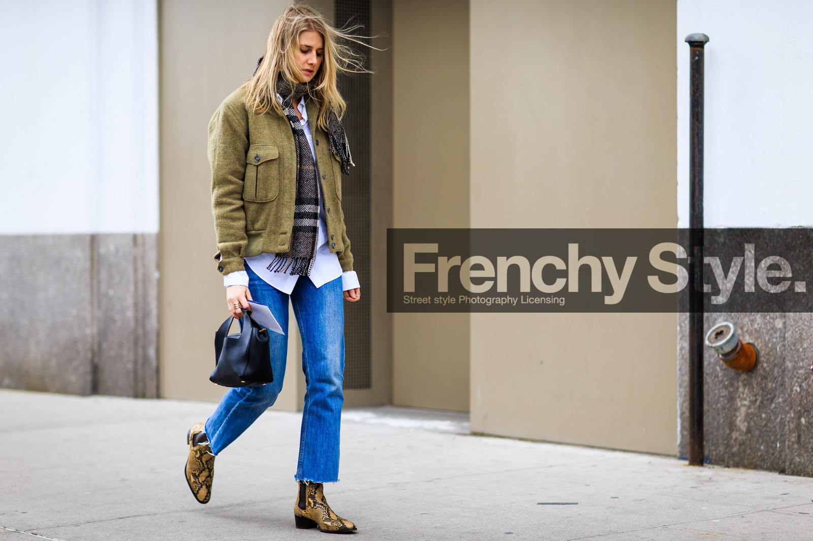 aamito stacie lagum, animal print, atmosphere details, AUTUMN WINTER 2016-2017, AW 16-17, black bag, blue denim, checked scarf, denim pants, FALL WINTER 2016-2017, fashion week, frenchystyle, full length, FW, FW 16-17, grey scarf, horizontal, jeans, jonathan paciullo, kaki jacket, leather bag, leather boots, NEW YORK, NYFW, plaid, snake print, street style, tartan, trousers, white shirt, woman, wool jacket