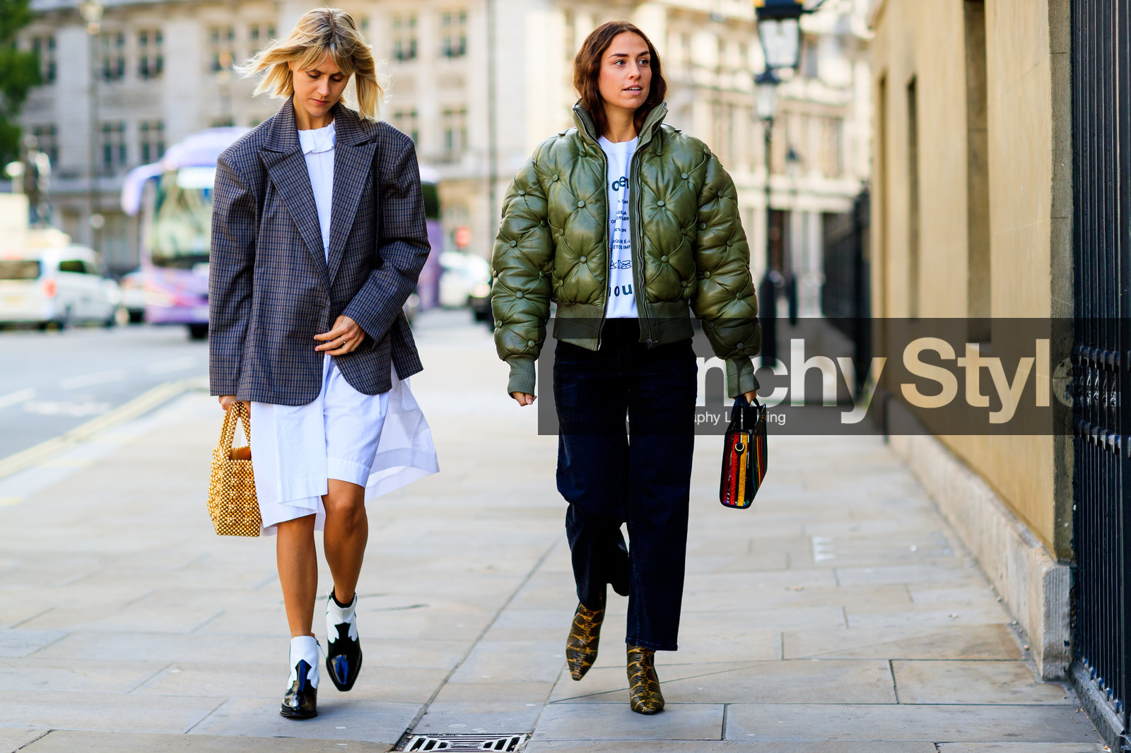 anya hindmarch, black and white shoes, black denim, black shoes, blazer, checked, denim pants, down jacket, erika boldrin, graphic bag, graphic jacket, green jacket, grey jacket, high heels, jeans, leather bag, leather shoes, linda tol, multicolor bag, plaid, printed bag, printed jacket, printed sweater, proenza schouler, striped bag, trousers, white dress, white sweater, yellow bag, yellow boots, fashion week, frenchystyle, FW, jonathan paciullo, street style, LFW, LONDON, SPRING SUMMER 2019, SS 19, atmosphere details, horizontal, full length