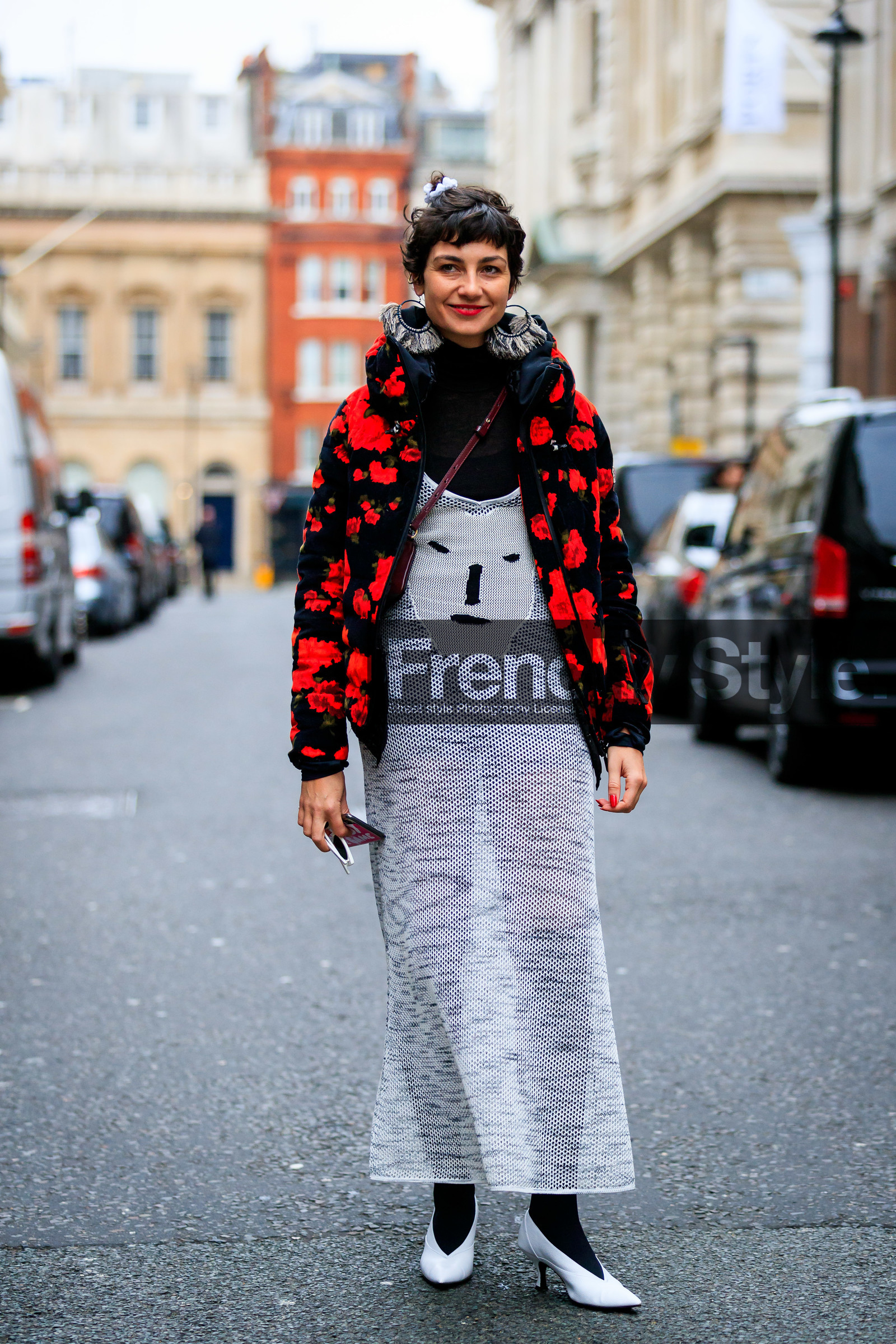 black sweater, down jacket, earrings, eva geraldine fontanelli, floral, flowers, graphic dress, graphic jacket, high heels, hood, knit dress, leather shoes, printed dress, printed jacket, red jacket, see through, white dress, white shoes, street style, jonathan paciullo, FW, frenchystyle, fashion week, LFW, LONDON, AUTUMN WINTER 2019-2020, AW 19-20, FW 19-20, FALL WINTER 2019-2020, vertical, full length