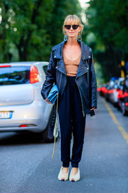 adidas, black jacket, black pants, black perfecto, blue bag, earrings, fashion week, frenchystyle, full length, FW, jonathan paciullo, jw anderson, leather bag, leather jacket, leather perfecto, leather shoes, MFW, MILAN, nude top, SPRING SUMMER 2017, SS 17, street style, sunglasses, sweatpants, trousers, turquoise, vertical, yellow shoes