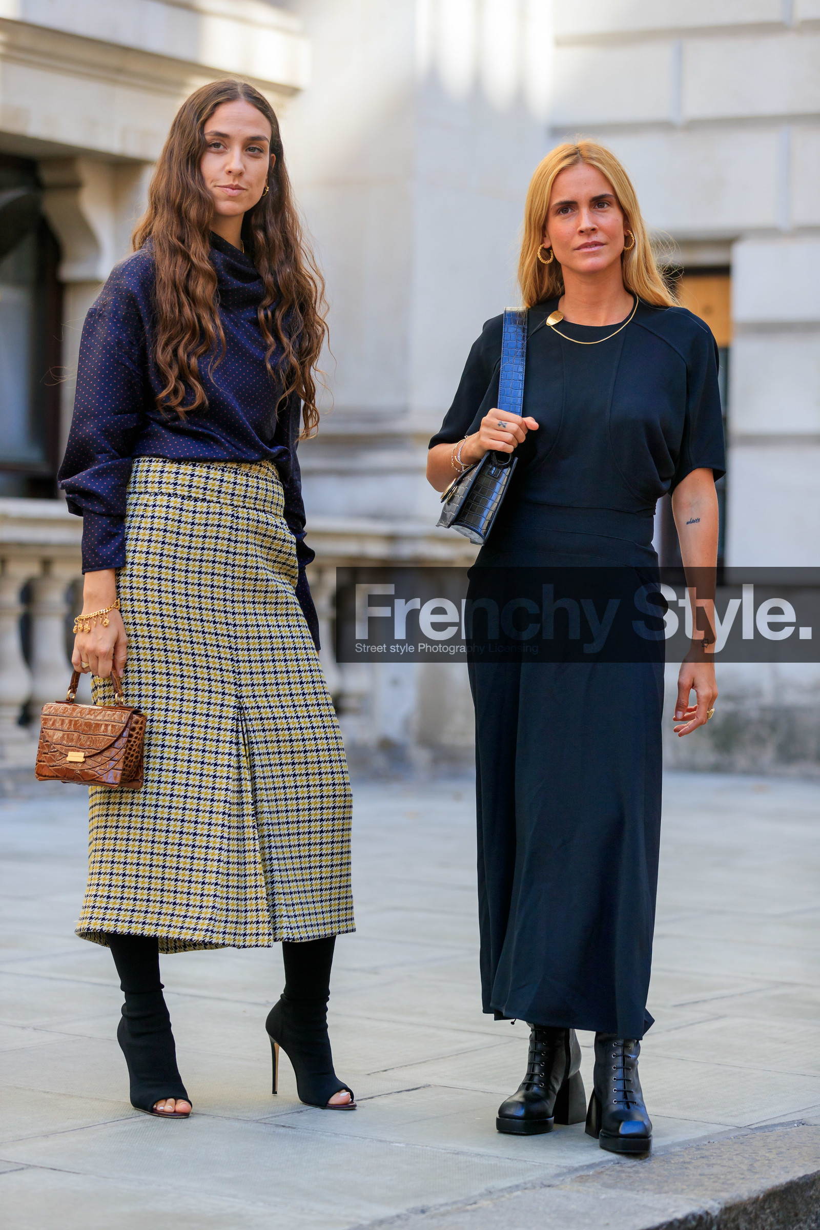 blanca miro scrimieri, erika boldrin, black dress, long dress, short sleeves dress, high boots, black leather boots, laced boots, golden necklace, golden earrings, shoulder bag, black leather bag, animal skin bag, hoop earrings, silk blouse, polka dots blouse, navy blue blouse, high collar blouse, long sleeves blouse, long skirt, checked skirt, open toe shoes, high heels shoes, high heels boots, black shoes, brown leather bag, hand bag, mini bag, yellow skirt, charms bracelet, golden bracelet, fashion week, frenchystyle, FW, jonathan paciullo, street style, vertical, full length
