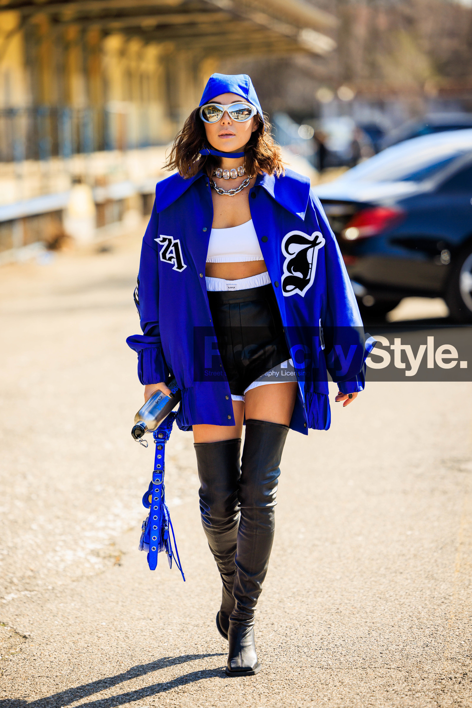 blue hood, silver sunglasses, blue jacket, logo jacket, white black, black short, leather short, white boxers, higknee boots, blue handbag, silver choker, karina nigay, fashion week, frenchystyle, FW, jonathan paciullo, street style, vertical, full length