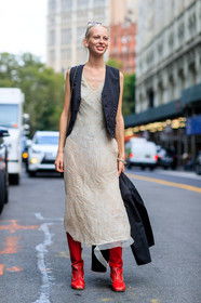 beige dress, black jacket, fashion week, frenchystyle, full length, FW, high heels, jonathan paciullo, leather shoes, model, NEW YORK, NYFW, printed dress, red boots, sleeveless, SPRING SUMMER 2018, SS 18, street style, vertical