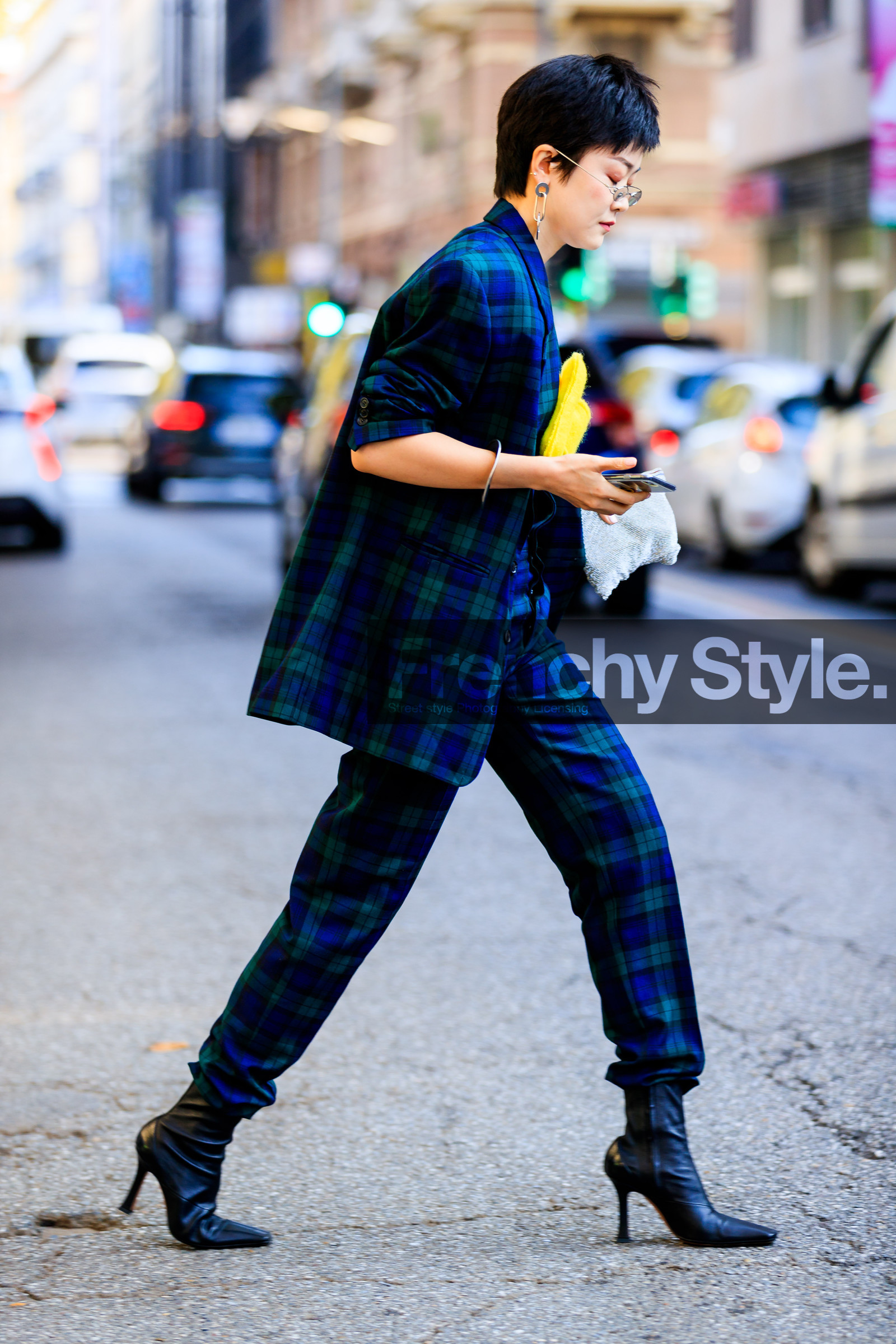 black shoes, blue jacket, blue pants, blue suit, checked, checked suit, earrings, graphic jacket, graphic pants, graphic suit, high heels, leather bag, leather shoes, plaid, printed jacket, printed pants, printed suit, sequined bag, shiny bag, short hair, silver bag, sunglasses, tartan, trousers, street style, jonathan paciullo, FW, frenchystyle, fashion week, MFW, MILAN, SPRING SUMMER 2019, SS 19, vertical, full length