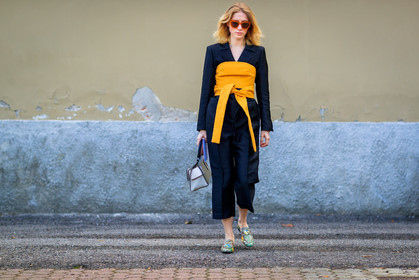 atmosphere details, AUTUMN WINTER 2017-2018, AW 17-18, black jacket, black pants, black suit, blazer, bustier top, FALL WINTER 2017-2018, fashion week, frenchystyle, full length, FW, FW 17-18, gucci, horizontal, jonathan paciullo, leather bag, leather shoes, MFW, MILAN, monogram, printed shoes, shiny bag, silver bag, street style, sunglasses, trousers, yellow belt