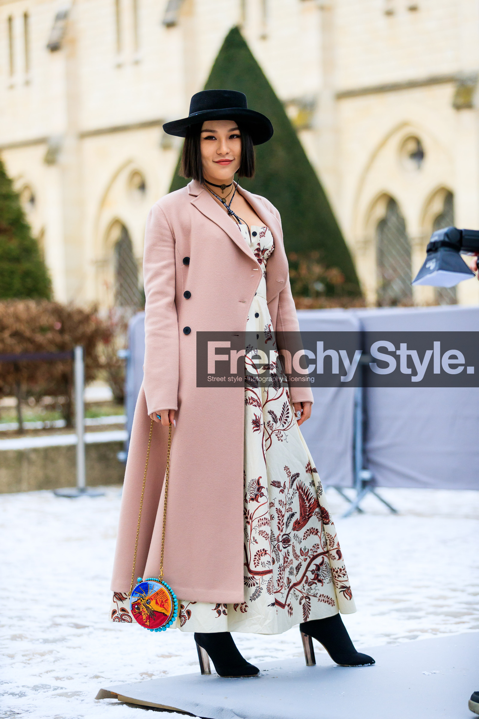 black hat, black shoes, christian dior, graphic dress, high heels, leather bag, leather shoes, multicolor bag, orange, pink coat, printed dress, turquoise, white dress, yellow, fashion week, frenchystyle, FW, jonathan paciullo, street style, PFW, PARIS, AUTUMN WINTER 2018-2019, FALL WINTER 2018-2019, FW 18-19, vertical, full length
