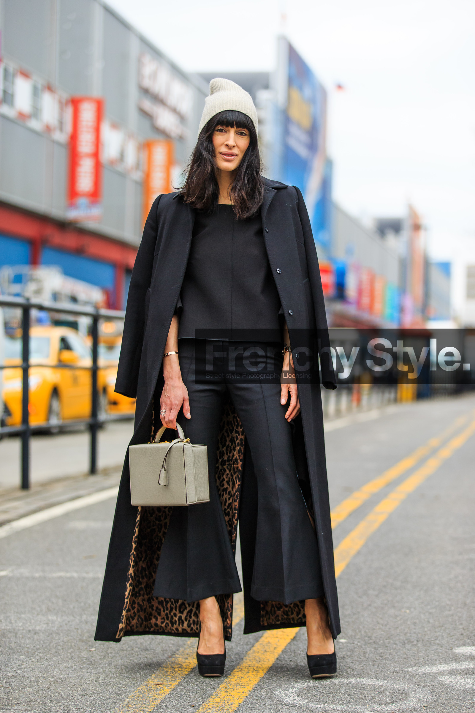 animal print, AUTUMN WINTER 2016-2017, AW 16-17, black coat, black heels, black pants, black top, Clothing, fashion week, frenchystyle, full length, FW, FW 16-17, grey beanie, jonathan paciullo, leather bag, leopard print, long coat, NEW YORK, NYFW, overcoat, street style, trousers, vertical, white bag, woman