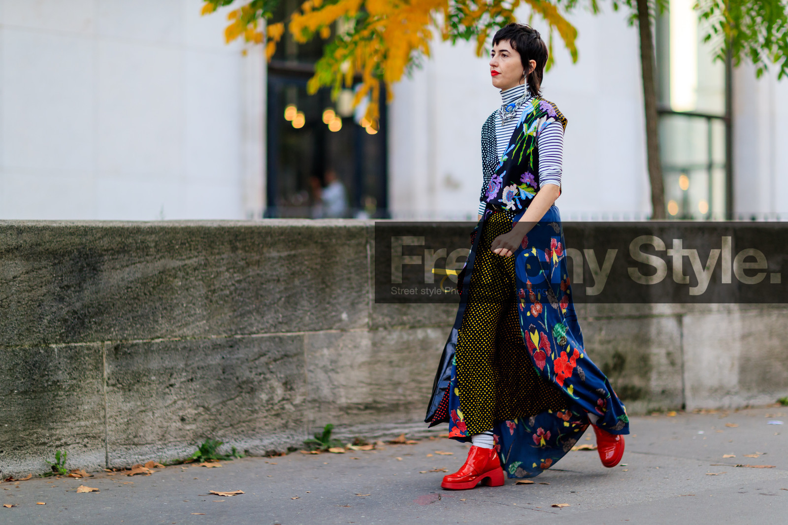 alicia padron, atmosphere details, black bag, black shoes, black wedges, dries van noten, fashion week, floral, flowers, frenchystyle, full length, FW, graphic dress, graphic top, high heels, horizontal, jonathan paciullo, leather bag, leather shoes, multicolor dress, necklace, PARIS, PFW, polka dot, printed dress, printed top, red lips, short hair, SPRING SUMMER 2018, SS 18, street style, striped top, stripes