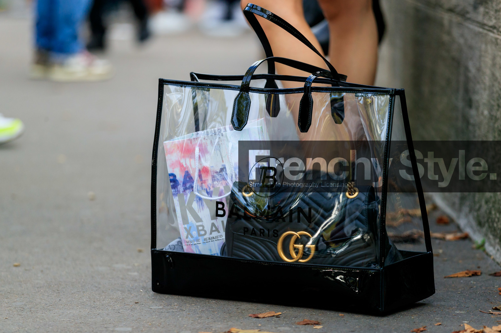 balmain bag, shopping bag, plastic bag, sheer bag, hand bag, gucci bag, black leather bag, quilted bag, bag detail, close up detail, fashion week, frenchystyle, FW, jonathan paciullo, street style, SPRING SUMMER 2020, SS 20, PFW, PARIS, horizontal, detail