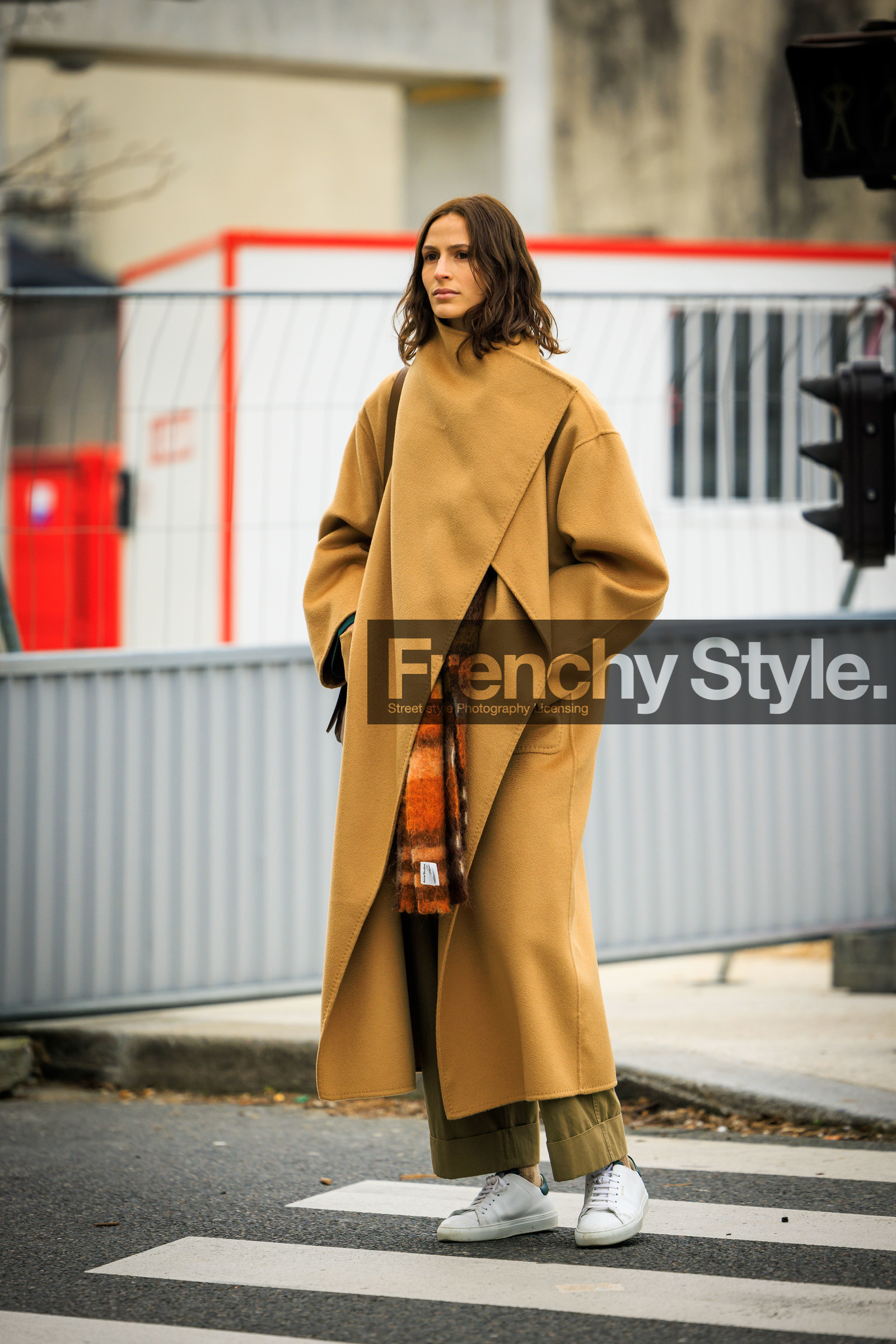 camel coat, plaid scarf, orange scarf, white sneakers, kaki pants, short hair, street style, jonathan paciullo, FW, frenchystyle, fashion week, AUTUMN WINTER 2022-2023, FALL WINTER 2022_2023, FW 22-23, PFW, PARIS, full length, vertical
