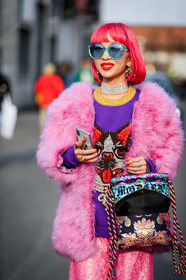 animal print, chinese print, choker, dyed hair, fur jacket, fuschia, glitter, graphic bag, gucci, japanese print, leather bag, multicolor bag, necklace, pink fur, pink hair, pink jacket, pink pants, printed bag, purple skirt, purple sweater, red lips, red sweater, rings, sequined pants, sequined skirt, shiny pants, shiny skirt, sunglasses, tights, fashion week, frenchystyle, FW, jonathan paciullo, street style, MFW, MILAN, AUTUMN WINTER 2018-2019, FALL WINTER 2018-2019, FW 18-19, vertical, detail, atmosphere details, Ami and Aya Suzuki, Ami and Aya Suzuki, Ami and Aya Suzuki, Ami and Aya Suzuki