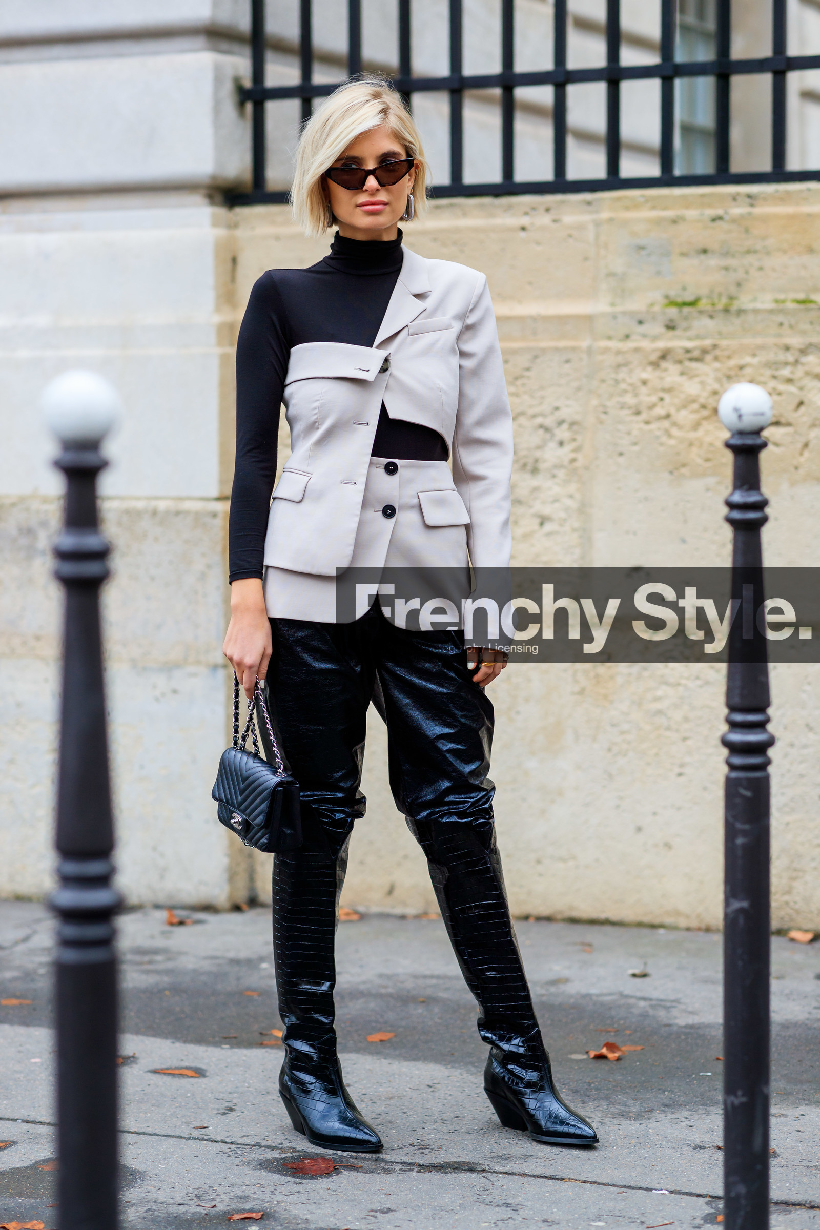 asymetric, beige jacket, black bag, black pants, black shoes, black turtleneck, blazer, chanel handbag, cut out, earrings, geometric, high boots, leather bag, leather pants, leather shoes, sunglasses, trousers, xnenia adonts, PARIS, PFW, street style, jonathan paciullo, FW, frenchystyle, fashion week, AUTUMN WINTER 2019-2020, AW 19-20, FALL WINTER 2019-2020, FW 19-20, vertical, full length