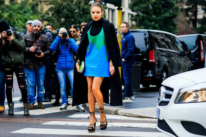 atmosphere details, AUTUMN WINTER 2016-2017, AW 16-17, black coat, black sandals, black sweater, black turtleneck, blue dress, FALL WINTER 2016-2017, fashion week, frenchystyle, full length, FW, FW 16-17, graphic clutch, graphic dress, high heels, horizontal, jonathan paciullo, lace up shoes, leather dress, LFW, LONDON, MENSWEAR, multicolor bag, printed dress, street style, suede shoes