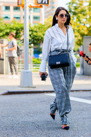 black bag, black shoes, boy bag, chanel, checked pants, fashion week, frenchystyle, full length, FW, graphic pants, grey pants, high waist, jonathan paciullo, leather bag, leather shoes, NEW YORK, NYFW, plaid, printed pants, SPRING SUMMER 2018, SS 18, street style, sunglasses, trousers, vertical, white shirt