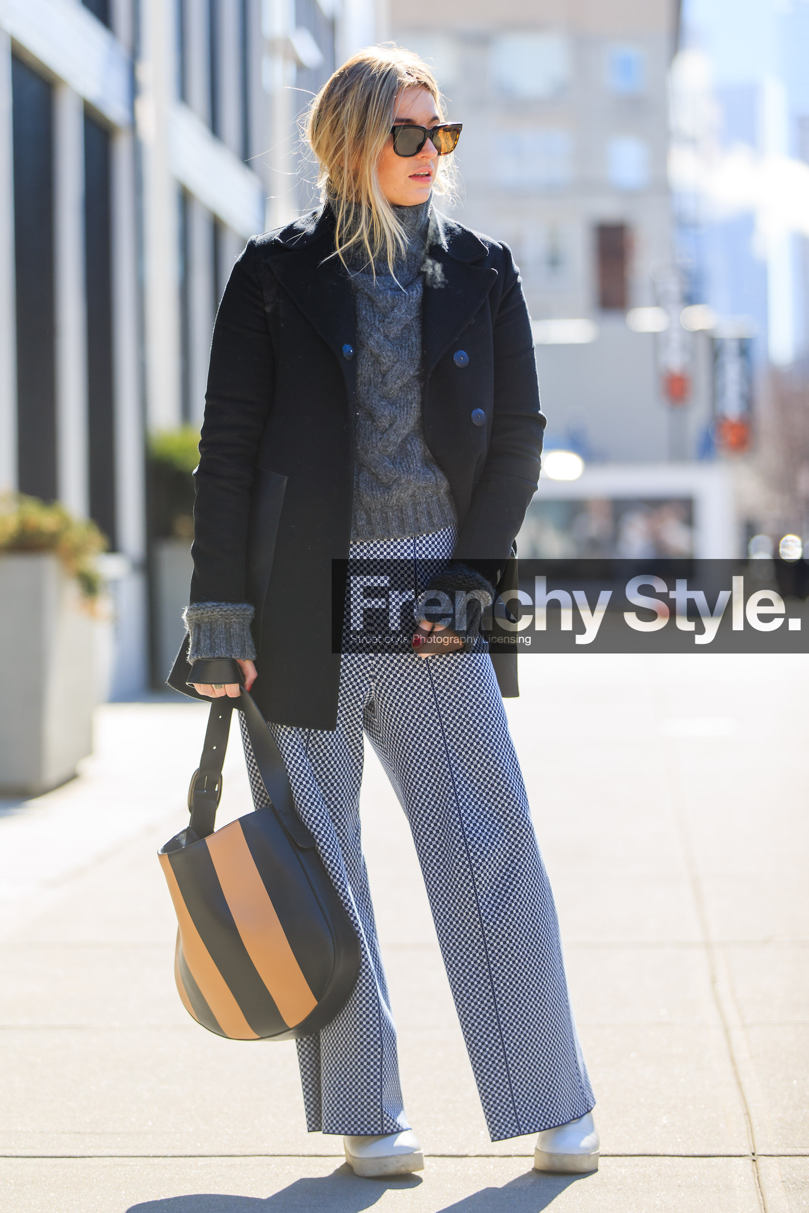 AUTUMN WINTER 2016-2017, AW 16-17, beige bag, black bag, black coat, black jacket, blue pants, camel bag, camille charriere, embroidered pants, fashion week, frenchystyle, full length, FW, FW 16-17, grey knit, grey sweater, jonathan paciullo, leather bag, leather shoes, leather sli, leather sneakers, NEW YORK, NYFW, printed pants, street style, striped bag, sunglasses, vertical, white slippers, wide pants, woman
