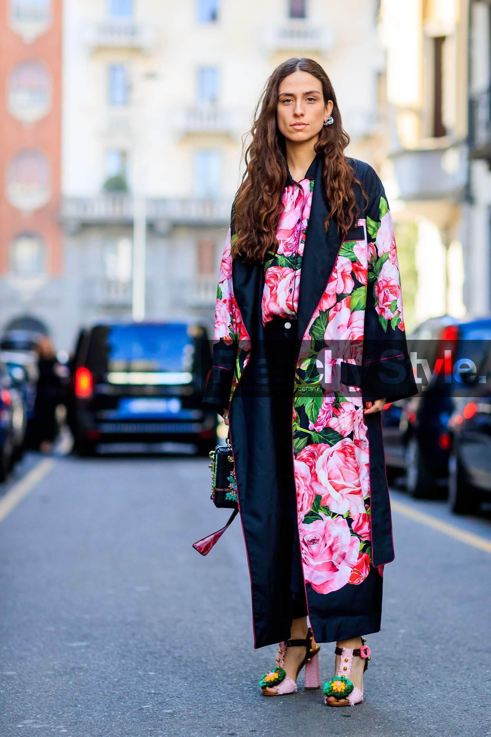 AUTUMN WINTER 2017-2018, AW 17-18, black bag, black denim, black jacket, denim pants, embroidered shoes, erika boldrin, FALL WINTER 2017-2018, fashion week, floral, flower, flowers, frenchystyle, full length, FW, FW 17-18, graphic coat, graphic jacket, jeans, jonathan paciullo, leather bag, leather shoes, MFW, MILAN, multicolor shoes, pink jacket, pink shirt, pink shoes, printed coat, printed jacket, printed shirt, robe, street style, trousers, vertical