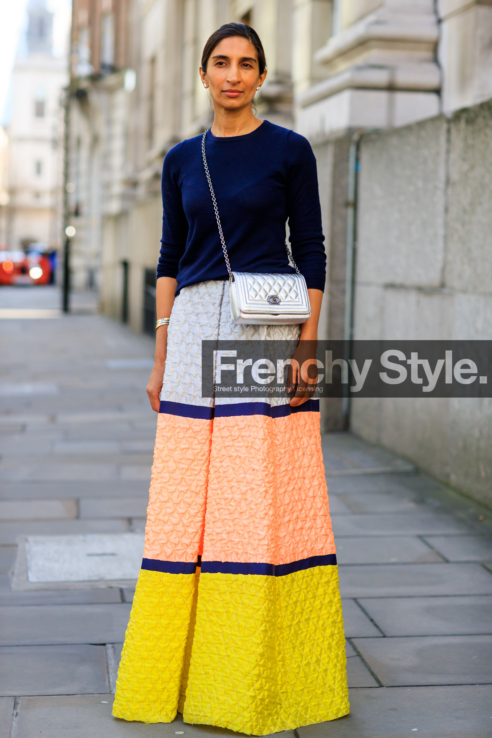 chanel handbag, graphic skirt, leather bag, navy sweater, printed skirt, shiny bag, silver bag, yellow skirt, street style, jonathan paciullo, FW, frenchystyle, fashion week, LFW, LONDON, AUTUMN WINTER 2018-2019, AW 18-19, FALL WINTER 2018-2019, FW 18-19, vertical, full length