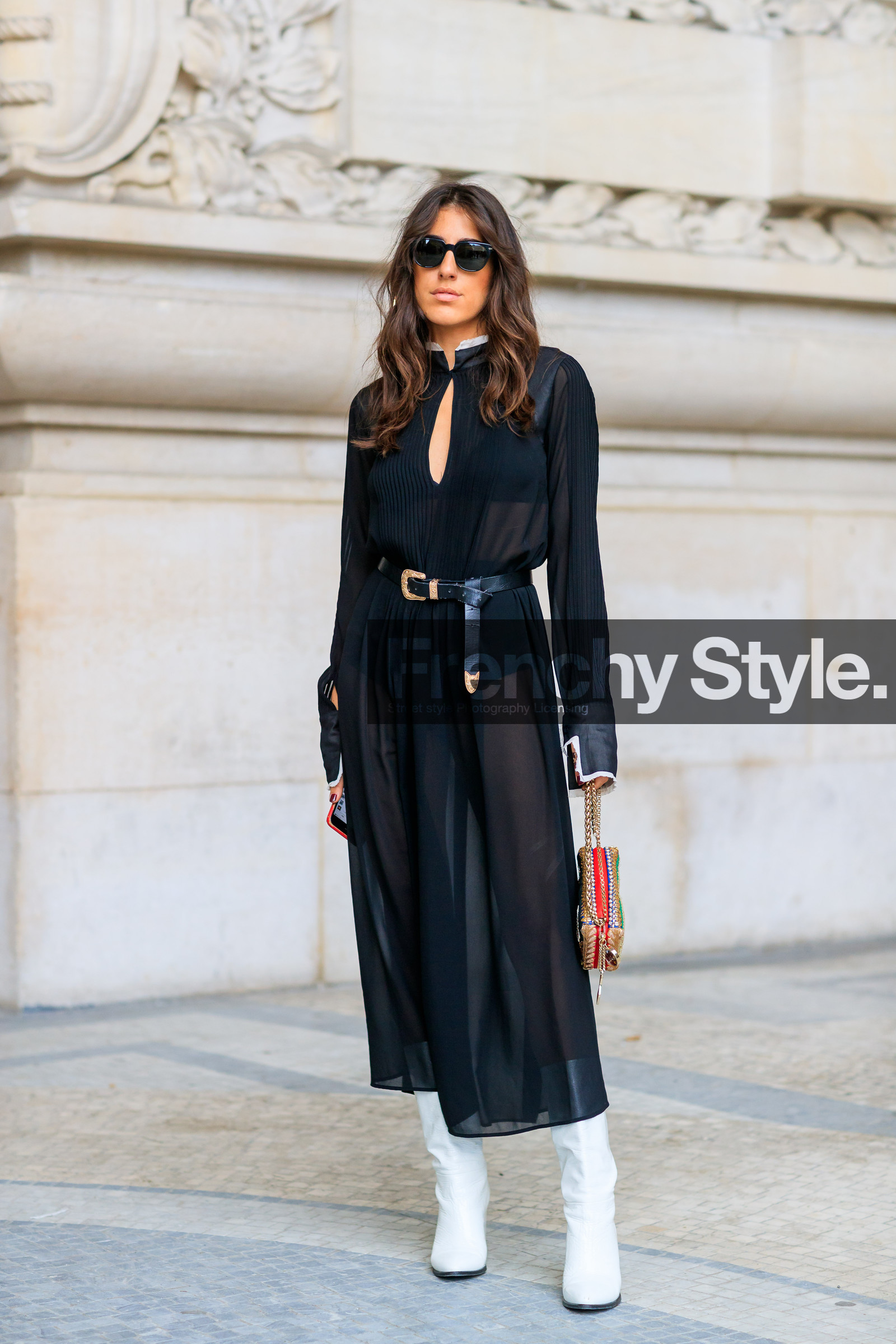 black belt, black bra, black dress, embroidered bag, fashion week, frenchystyle, full length, FW, gold bag, graphic bag, high heels, jonathan paciullo, leather bag, leather shoes, PARIS, PFW, printed bag, see through, sequined, shiny, SPRING SUMMER 2018, SS 18, street style, sunglasses, transparent, vertical, white boots