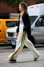 black cardigan, black jacket, black shoes, black sneakers, céline, fashion week, frenchystyle, full length, FW, jonathan paciullo, leather shoes, Maria Dueñas Jacobs, NEW YORK, NYFW, SPRING SUMMER 2018, SS 18, street style, superga, trousers, vertical, white pants