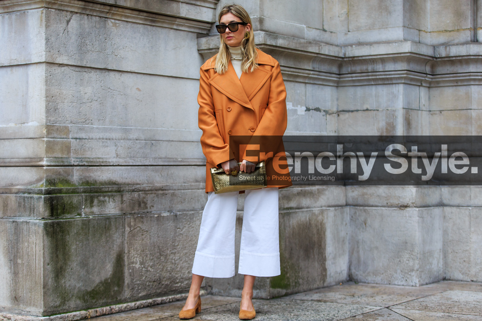 atmosphere details, AUTUMN WINTER 2016-2017, AW 16-17, ballerinas, caban, camille charriere, FALL WINTER 2016-2017, fashion week, frenchystyle, full length, FW, FW 16-17, golden bag, golden jewelry, horizontal, jonathan paciullo, leather clutch, leather jacket, loewe, orange coat, orange jacket, orange shoes, PARIS, PFW, rings, street style, suede shoes, sunglasses, trousers, white pants, wide pants