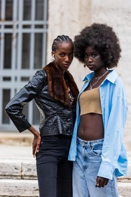 beige crop top, black jacket, black jean, croco jacket, crop top, denim, duo, fur collar, jacket, jean, large jean, leather jacket, light blue, low waist pants, ribbed crop top, shirt, silver necklace, fashion week, frenchystyle, FW, jonathan paciullo, street style, SPRING SUMMER 2022, SS 22, MFW, MILAN, vertical, atmosphere details