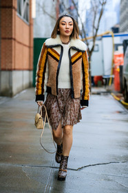 fur bombers, fur coat, striped coat, striped bombers, beige coat, beige bombers, white bombers, white coat, yellow bombers, yellow coat, white pullover, white leather bag, brown dress, brown leather boots, button dress, monogrammed dress, monogrammed boots, low boots, silk dress, coach bag, coach coat, coach dress, coach boots, fashion week, frenchystyle, FW, jonathan paciullo, street style, NYFW, NEW YORK, AUTUMN WINTER 2020-2021, FALL WINTER 2020-2021, FW 20-21, vertical, full length