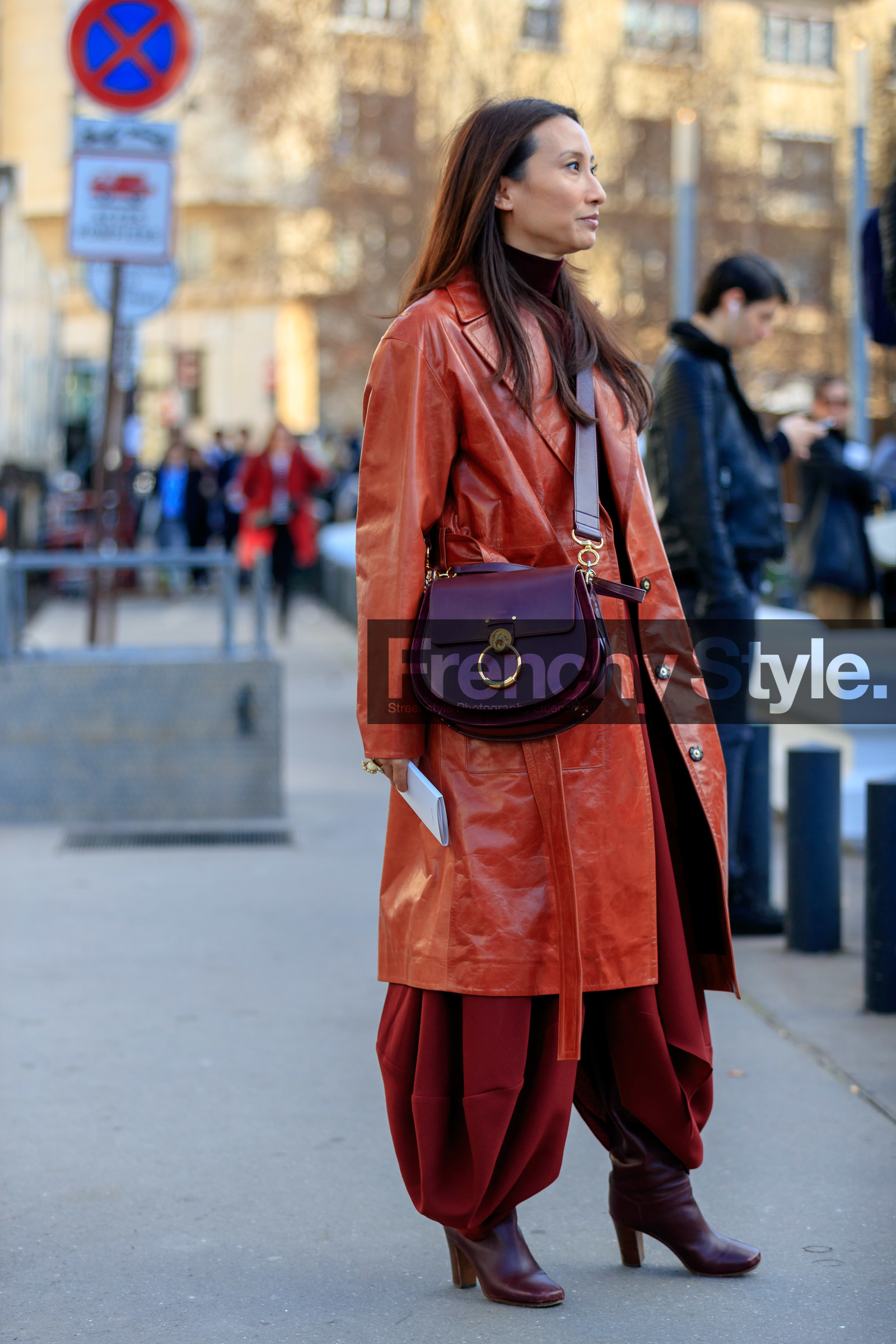 bordeaux, burgundy, chloé, elizabeth von der goltz, high heels, leather bag, leather coat, leather shoes, red bag, red boots, red coat, red pants, trousers, PARIS, PFW, street style, jonathan paciullo, FW, frenchystyle, fashion week, AUTUMN WINTER 2019-2020, AW 19-20, FALL WINTER 2019-2020, FW 19-20, vertical, full length