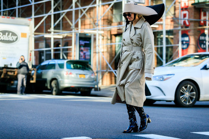 xenia adonts, beige hat, beige trench coat, big hat, belted trench coat, black polish boots, high boots, kitten heels boots, light beige hat, light beige trench coat, fashion week, frenchystyle, FW, jonathan paciullo, street style, AUTUMN WINTER 2020-2021, FALL WINTER 2020-2021, FW 20-21, horizontal, atmosphere details, full length, NYFW, NEW YORK