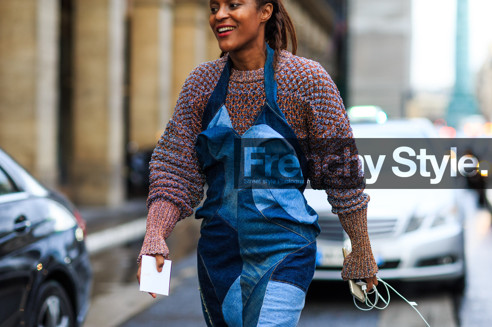 atmosphere details, AUTUMN WINTER 2016-2017, AW 16-17, blue denim, denim dress, detail, FALL WINTER 2016-2017, fashion week, frenchystyle, FW, FW 16-17, horizontal, jonathan paciullo, orange sweater, PARIS, patchwork, PFW, street style