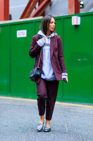 Alice & Js, black bag, blazer, bordeaux, burgundy, chanel, fashion week, frenchystyle, full length, FW, grey sweater, gucci, jonathan paciullo, leather bag, leather shoes, leather slippers, LFW, LONDON, printed sweater, red jacket, red pants, red suit, shiny shoes, silver shoes, SPRING SUMMER 2017, SS 17, street style, striped jacket, striped pants, striped suit, trasher, trousers, vertical, woman