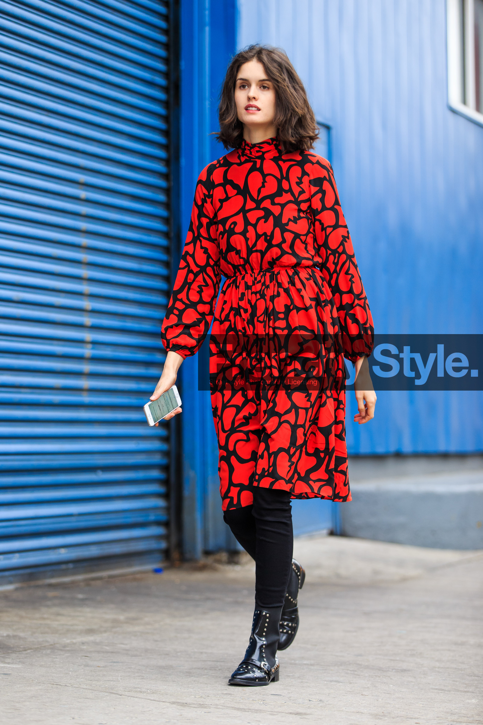 AUTUMN WINTER 2016-2017, AW 16-17, black, black boots, black pants, chloe hill, fashion week, frenchystyle, full length, FW, FW 16-17, jonathan paciullo, leather boots, NEW YORK, NYFW, printed dress, red, red dress, street style, studs, trousers, vertical, woman