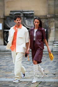 alice barbier, alice & j.s, JS roques, burgundy leather bermuda shorts, burgundy leather shirt, short sleeves shirt, white leather boots, high boots, high heels boots, yellow leather bag, hand bag, acne studios bag, white shirt, white pants, orange shirt, sheer shirt, organza shirt, vans shoes, white sneakers, geometrical printed shoes, PARIS, PFW, fashion week, frenchystyle, FW, jonathan paciullo, street style, SPRING SUMMER 2021, SS 21, vertical, full length