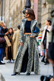 camila coelho, animal print coat, animal print jacket, animal print pants, black top, cropped top, openwork top, black leather clutch, bottega veneta bag, scale sunglasses, black leather boots, plastic heels, sheer heels, PARIS, PFW, SPRING SUMMER 2020, SS 20, fashion week, frenchystyle, FW, jonathan paciullo, street style, vertical, full length