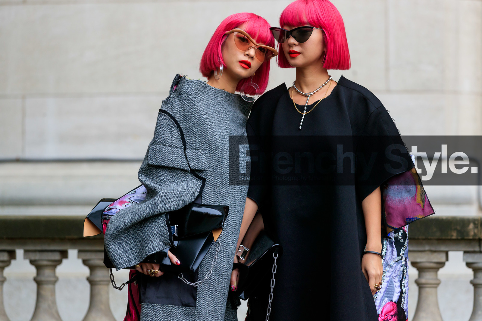 Ami and Aya Suzuki, margiela sunglasses, margiela dress, margiela bag, pink hair, dyed hair, asymmetrical dress, embroidered dress, patchwork dress, pink sunglasses, black sunglasses, butterfly sunglasses, black polish bag, black polish clutch, black leather clutch, margiela look, fashion week, frenchystyle, FW, jonathan paciullo, street style, SPRING SUMMER 2020, SS 20, PFW, PARIS, horizontal, atmosphere details, detail