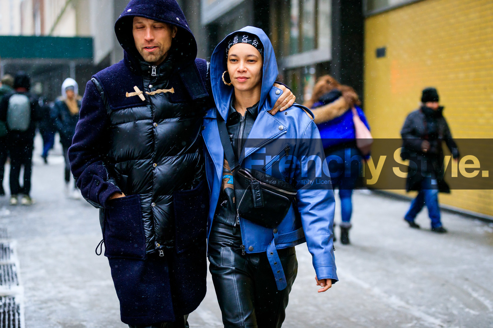black bag, black coat, black pants, blue jacket, down jacket, earrings, fanny pack, hood, leather bag, leather jacket, leather pants, leather perfecto, sunglasses, trousers, street style, jonathan paciullo, frenchystyle, NYFW, NEW YORK, AUTUMN WINTER 2019-2020, AW 19-20, FALL WINTER 2019-2020, FW 19-20, FW, fashion week, atmosphere details, horizontal, detail