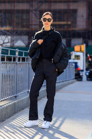 black jacket, black pants, black sweater, down jacket, leather shoes, nike, sunglasses, tone on tone, total look black, trousers, white sneakers, fashion week, frenchystyle, FW, jonathan paciullo, street style, NYFW, NEW YORK, AUTUMN WINTER 2018-2019, AW 18-19, FALL WINTER 2018-2019, FW 18-19, vertical, full length, model