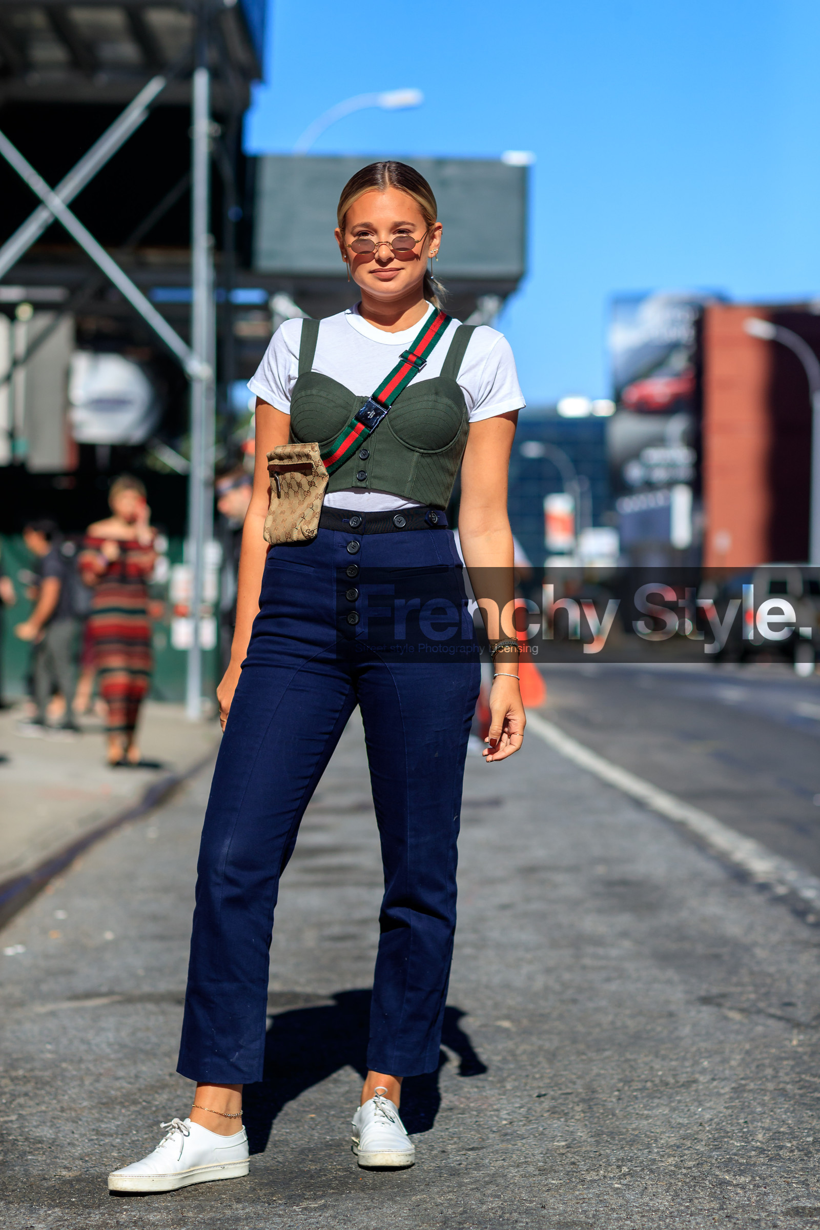 beige bag, blue pants, cropped top, danielle bernstein, fanny pack, fashion week, frenchystyle, full length, FW, green top, gucci, jonathan paciullo, leather bag, monogram, NEW YORK, NYFW, printed bag, SPRING SUMMER 2018, SS 18, street style, sunglasses, trousers, vertical, white sneakers, white t shirt