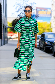 black sneakers, fashion week, frenchystyle, full length, FW, graphic dress, green bag, green dress, jonathan paciullo, leather bag, m2malletier, NEW YORK, NYFW, printed dress, SPRING SUMMER 2018, SS 18, street style, striped dress, stripes, sunglasses, vans, vertical