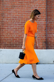 annina mislin, black bag, black shoes, fashion week, frenchystyle, full length, FW, graphic bag, jonathan paciullo, leather bag, leather shoes, mini bag, NEW YORK, NYFW, orange skirt, orange top, SPRING SUMMER 2018, SS 18, street style, vertical